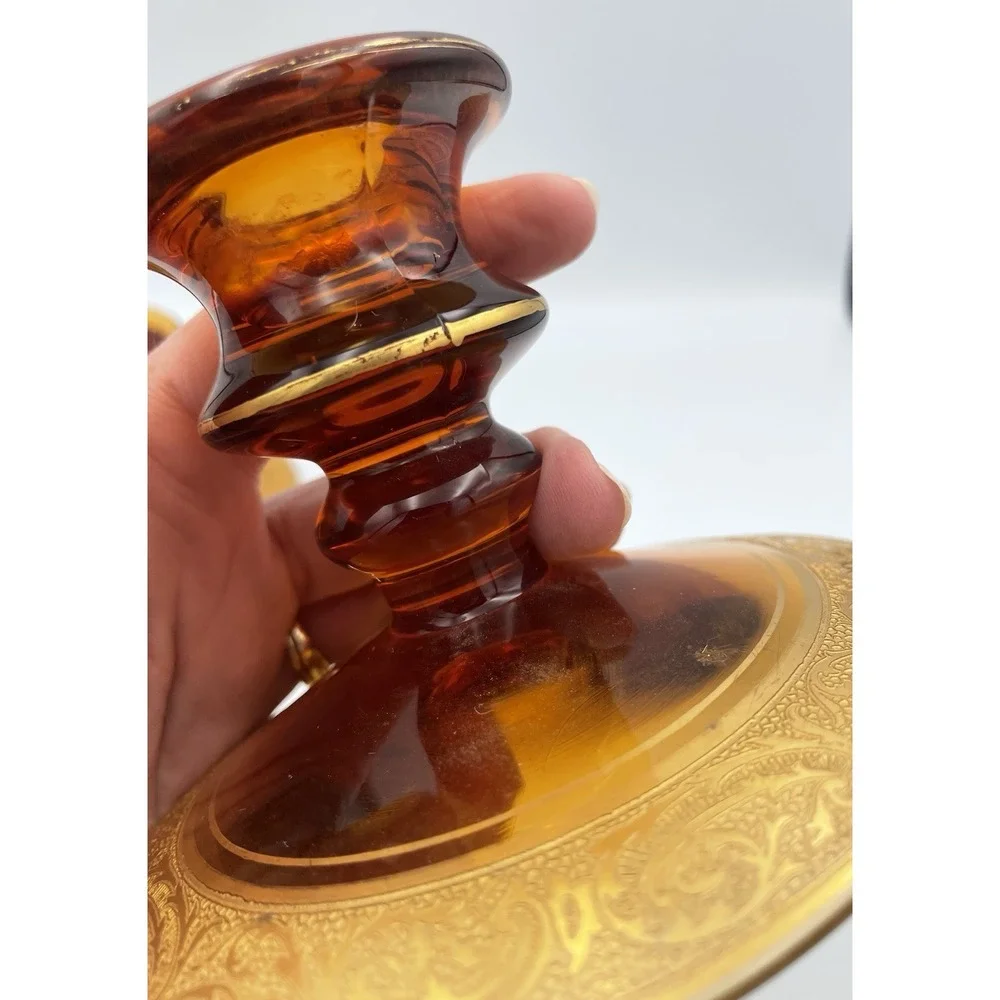 Vtg. Amber Glass Candle Holders Candlestick Pair Gold Encrusted Base Trim 1920's